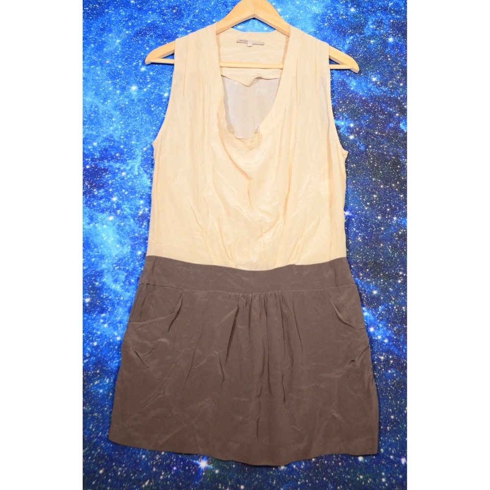 MAJE Silk Tunic‎ Dress Taupe Pockets Size 2 Cowl Neck Boho Ibiza Summer